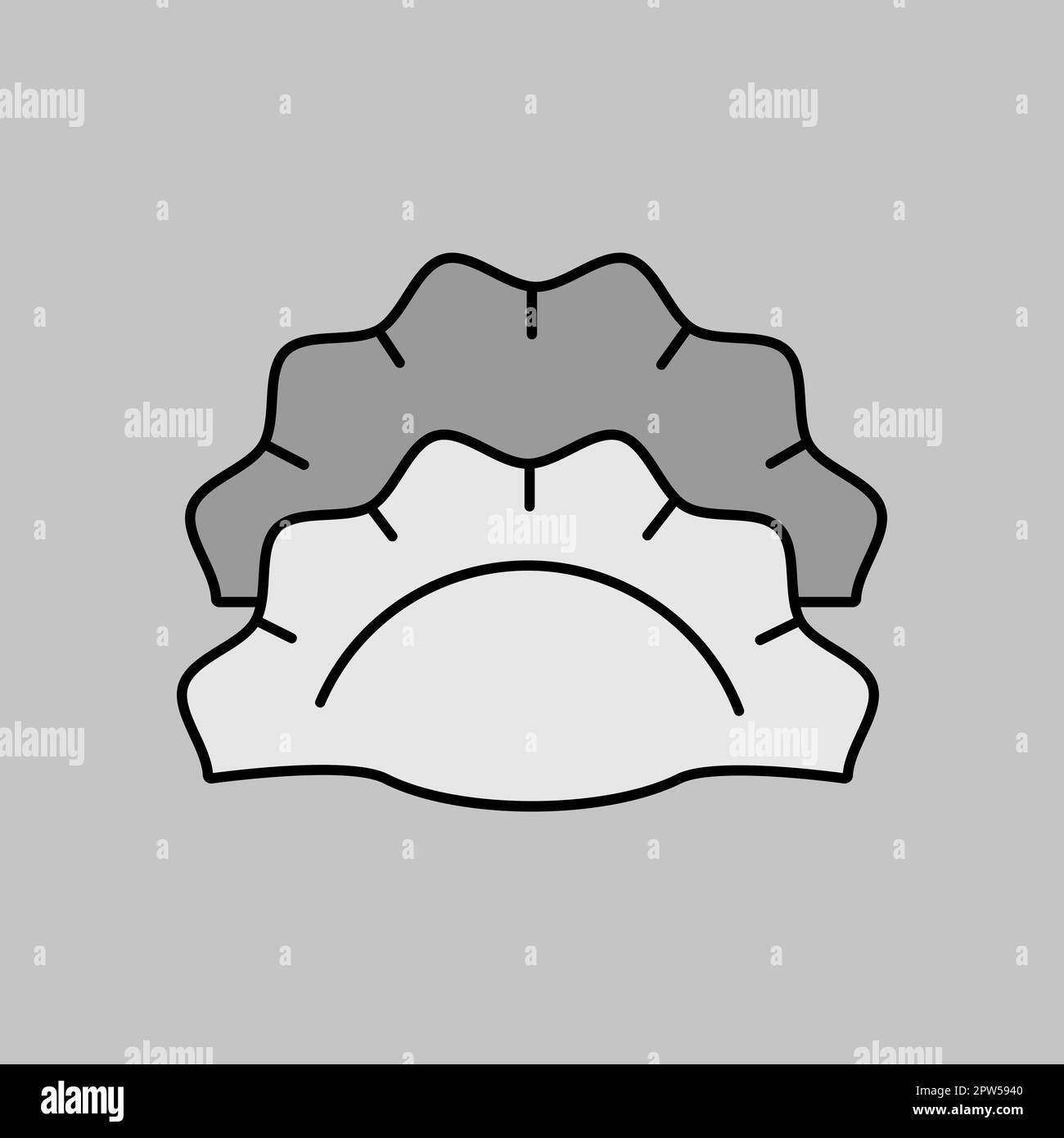 Two dumplings, potstickers or jiaozi vector grayscale icon. Fast food