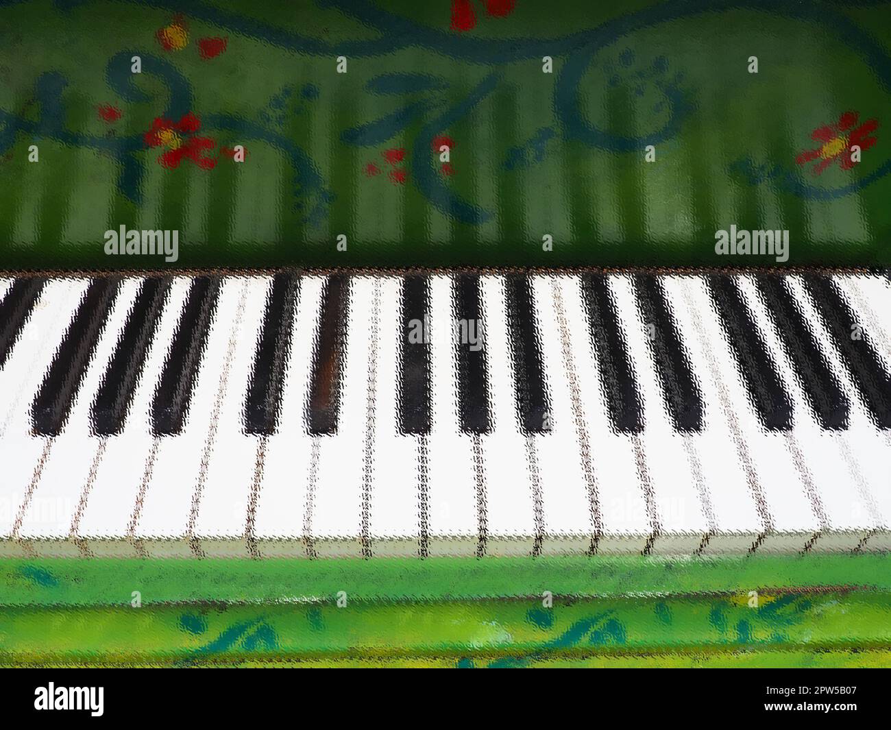 Octaves, white and black keys on a piano or grand piano. Green deck ...