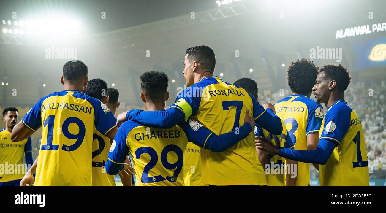Cristiano Ronaldo of Al-Nassr FC celebrates his goal against Al-Raed FC during their SAFF Roshn Saudi Pro League 2023-24 Match Day 24 at Al-Awwal Park Stadium on April 29, 2023 in Riyadh, Saudi Arabia. Photo by Victor Fraile / Power Sport Images Credit: Power Sport Images Ltd/Alamy Live News Stock Photo
