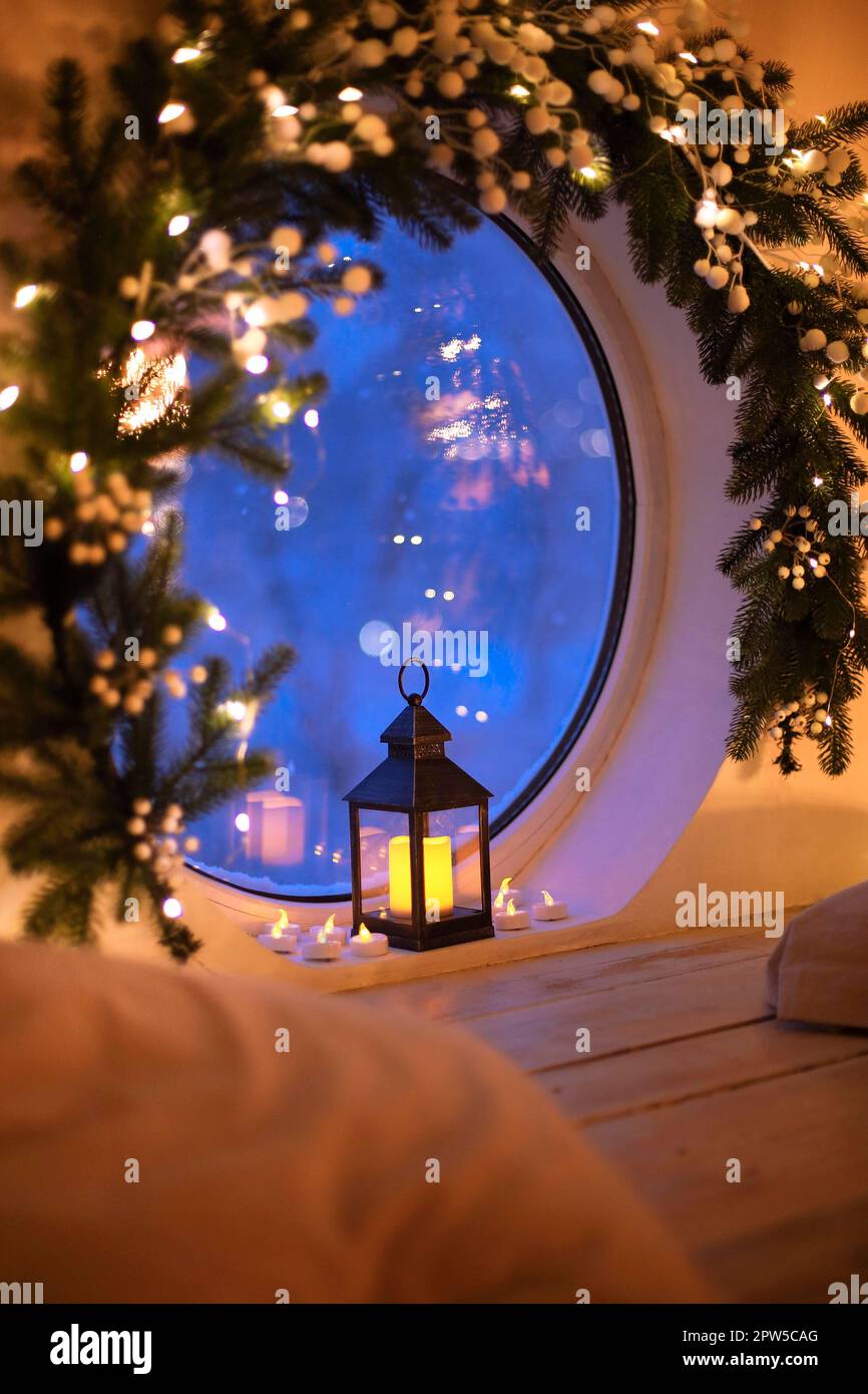 Christmas home decor. Atmospheric indoor photo with old vintage glowing