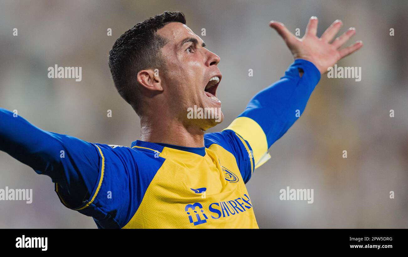 Cristiano Ronaldo of Al-Nassr FC reacts against a referee decision after being tackled during their SAFF Roshn Saudi Pro League 2023-24 Match Day 24 against Al-Raed FC at Al-Awwal Park Stadium on April 29, 2023 in Riyadh, Saudi Arabia. Photo by Victor Fraile / Power Sport Images Credit: Power Sport Images Ltd/Alamy Live News Stock Photo