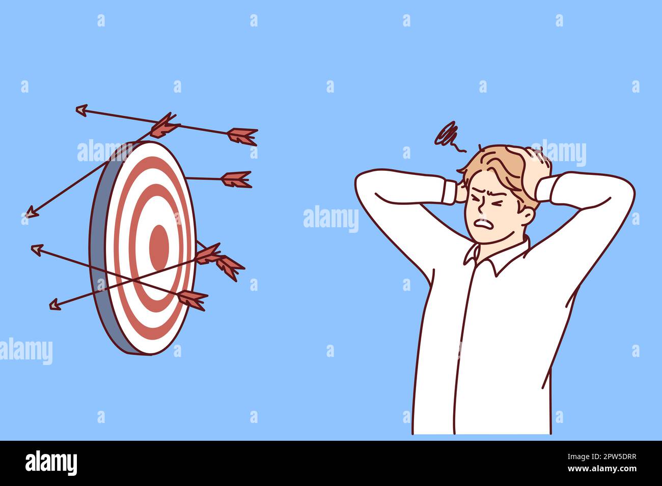 Discouraged man clutching head near darts board after failed attempts