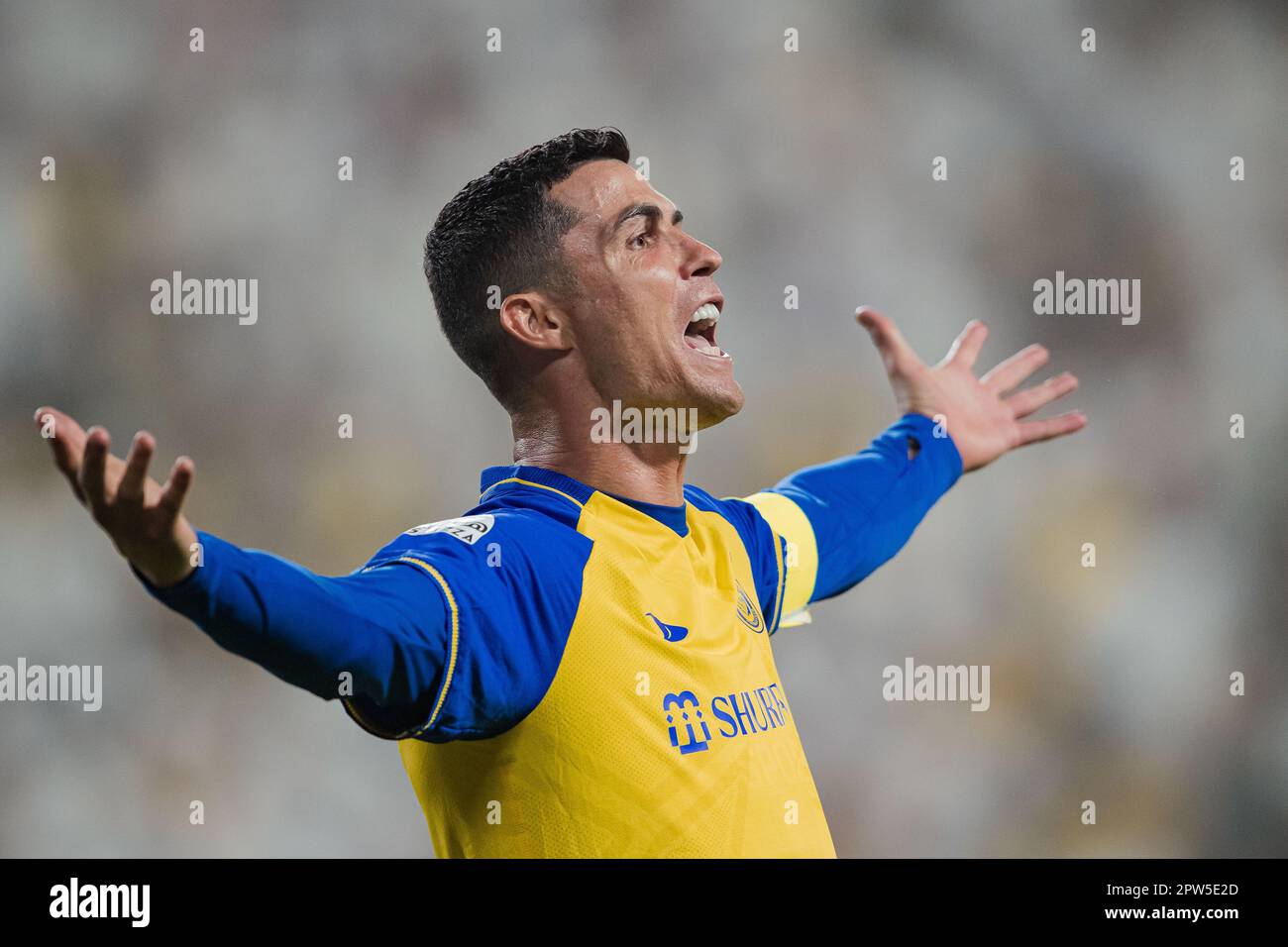 Cristiano Ronaldo of Al-Nassr FC reacts against a referee decision after being tackled during their SAFF Roshn Saudi Pro League 2023-24 Match Day 24 against Al-Raed FC at Al-Awwal Park Stadium on April 29, 2023 in Riyadh, Saudi Arabia. Photo by Victor Fraile / Power Sport Images Credit: Power Sport Images Ltd/Alamy Live News Stock Photo