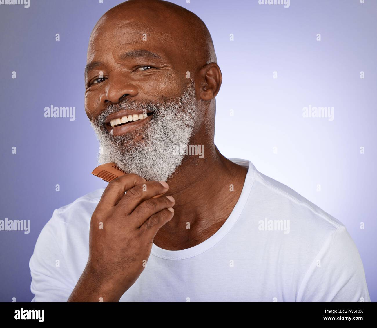 Senior, black man and grooming beard portrait or cleaning face for skincare wellness and beauty hygiene products. Elderly, male model and natural faci Stock Photo