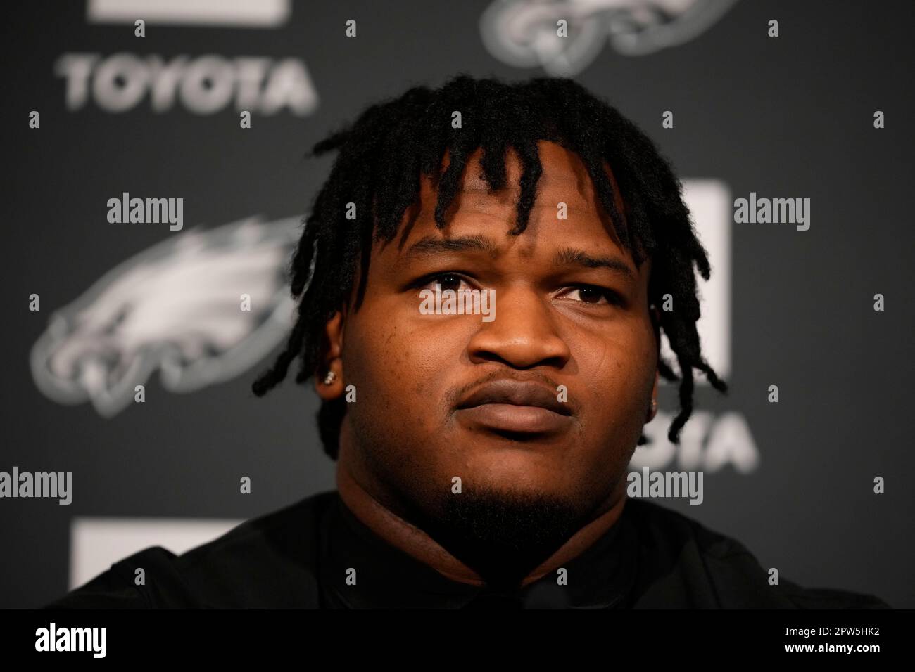 Newly drafted Philadelphia Eagles' Jalen Carter speaks during a news