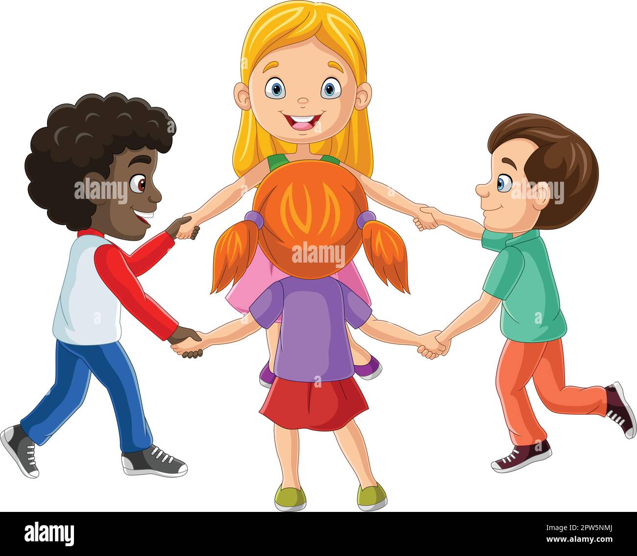 Happy kids holding hands and dancing in a circle Stock Vector