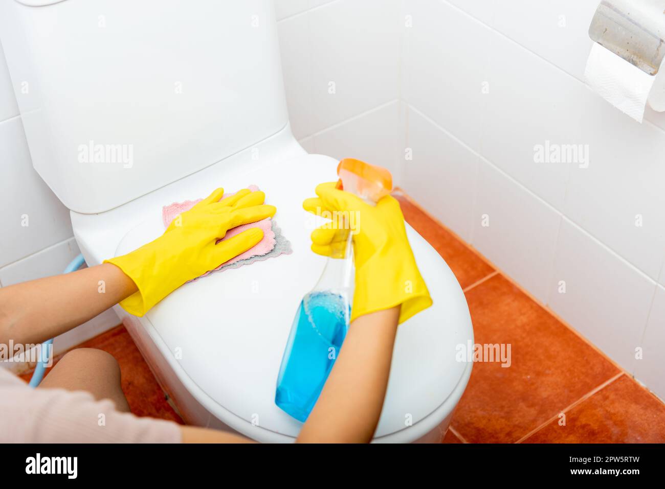 Woman cleaning toilet seat using liquid spray and pink cloth wipe