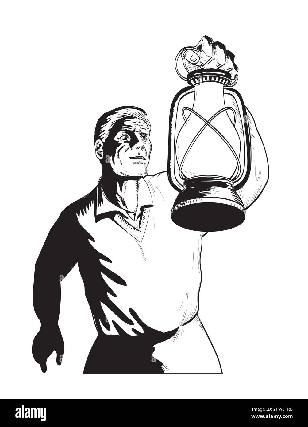 Comics style drawing or illustration of a man holding a farmer's light up lantern or kerosene lamp viewed from low angle on isolated background in bla Stock Photo