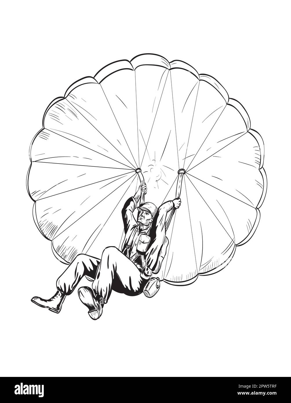 Comics style drawing or illustration of a World War Two American GI soldier paratrooper military parachutists on parachute viewed from low angle on is Stock Photo