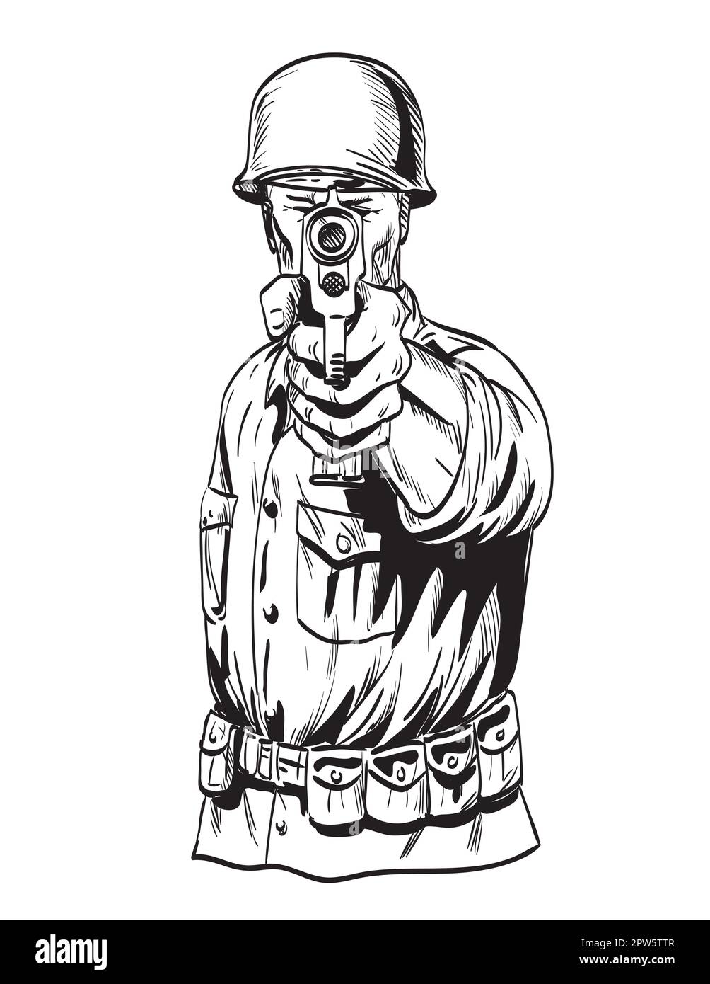 Comics style drawing or illustration of a World War Two American GI soldier aiming pistol viewed from front on isolated background in black and white Stock Photo