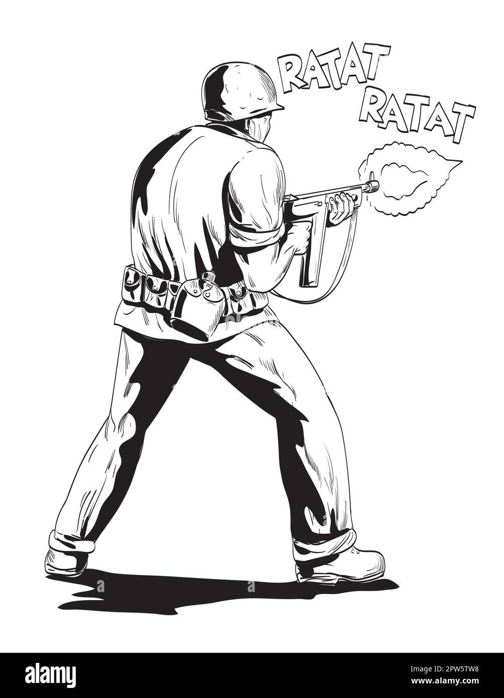Comics style drawing or illustration of a World War Two American GI soldier firing aiming rifle viewed from front on isolated background in black and Stock Photo
