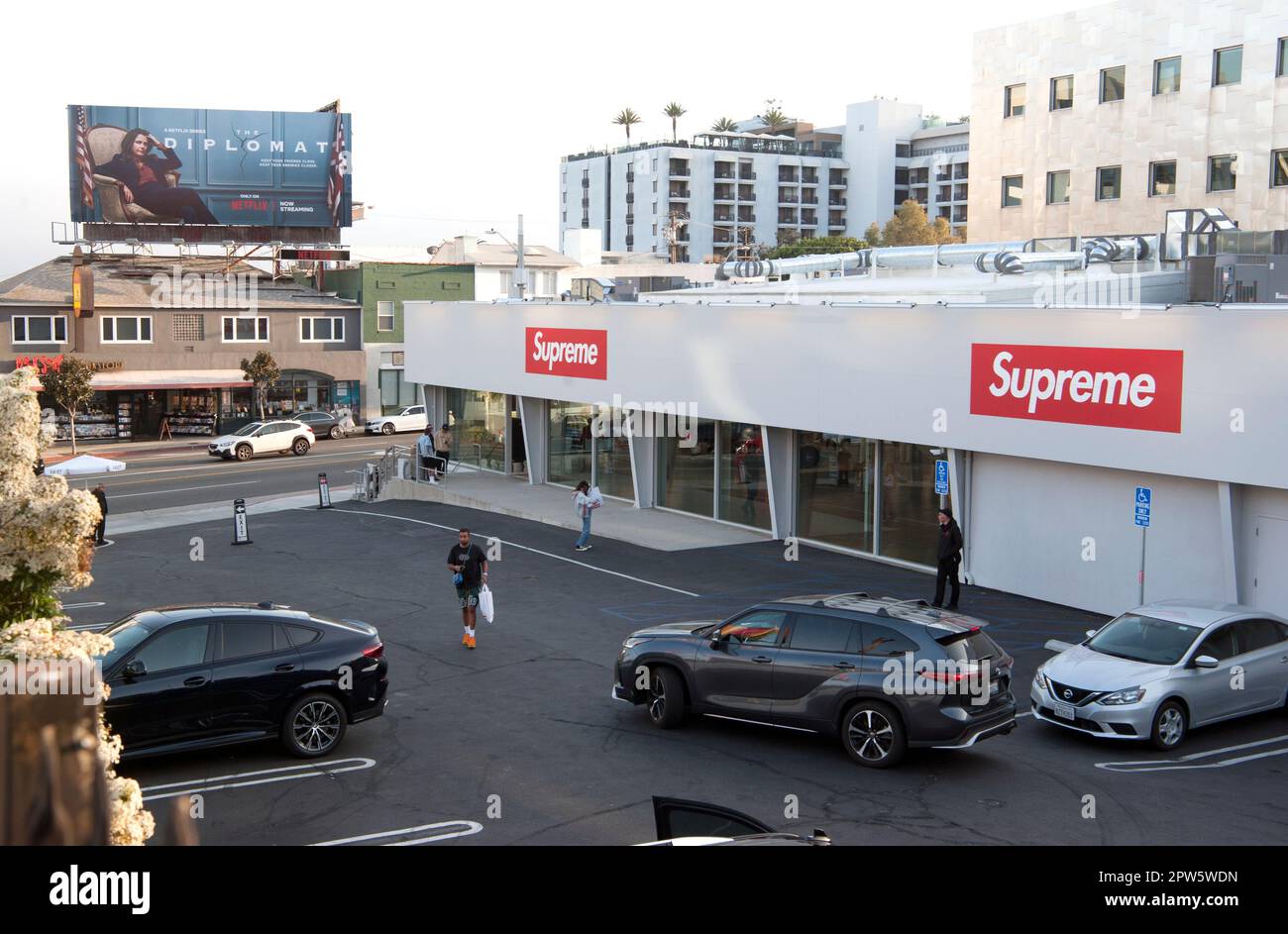 Exterior view of the new Supreme shop on Sunset Strip at the site where Tower Records once stood. Los Angeles, CA Stock Photo