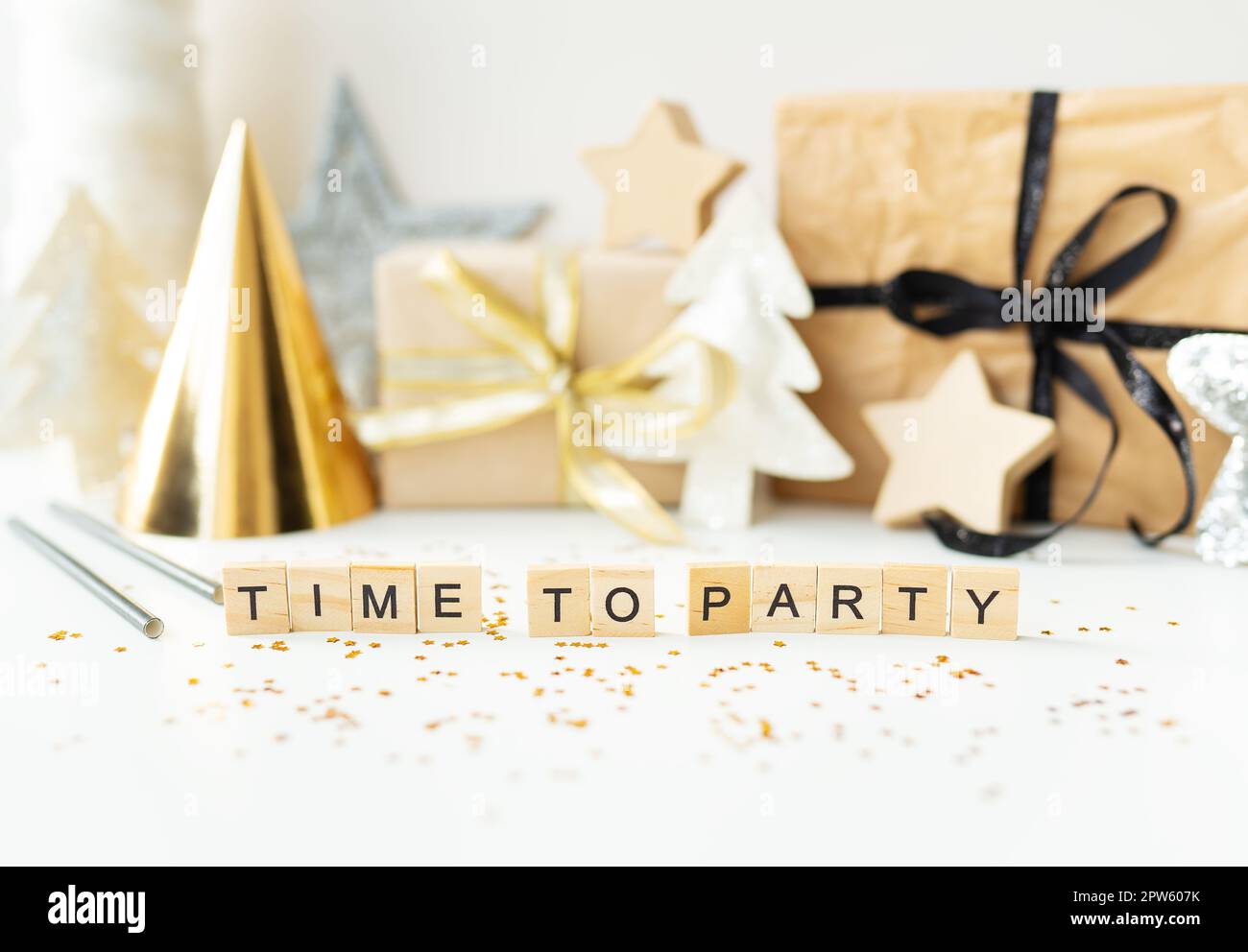 Christmas party time confetti, gifts, tree, stars, glitter, ribbon
