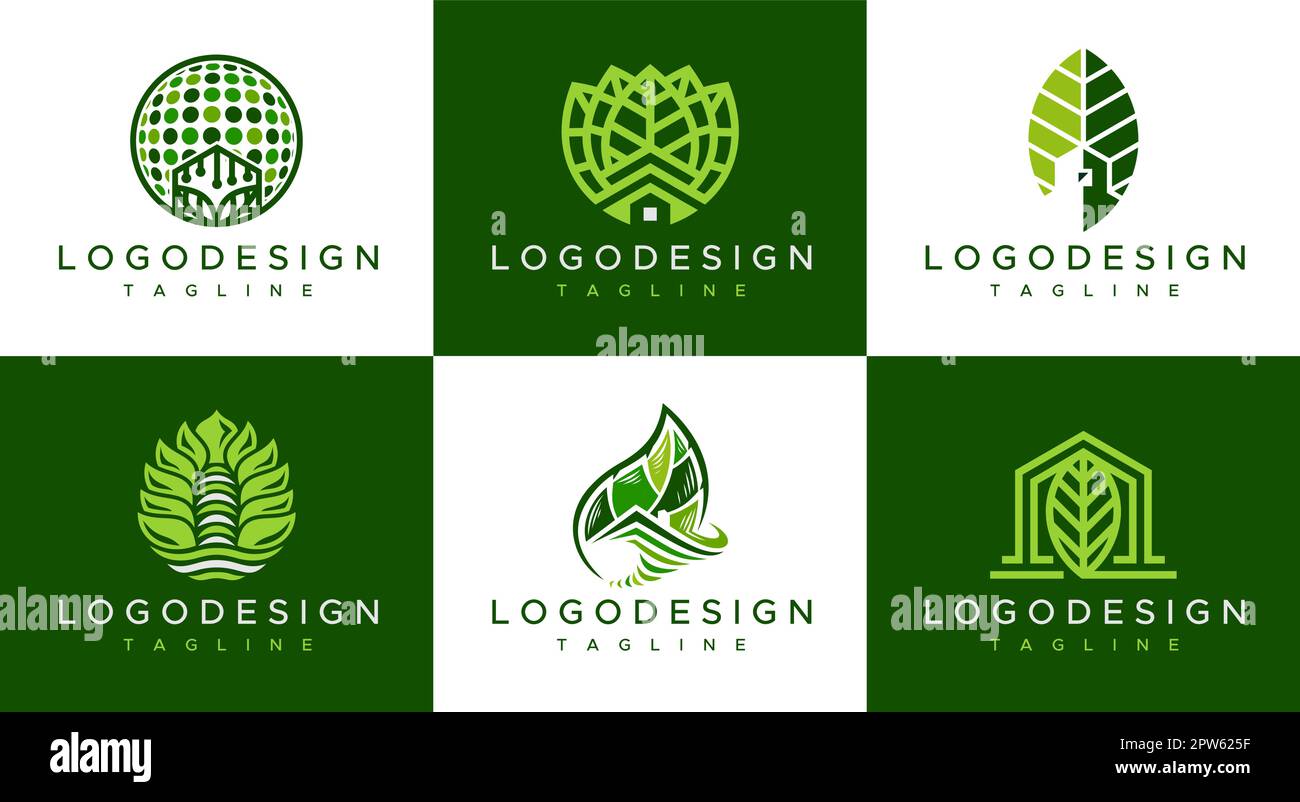 Green house logo design bundle. Set of leaf home logo branding vector ...