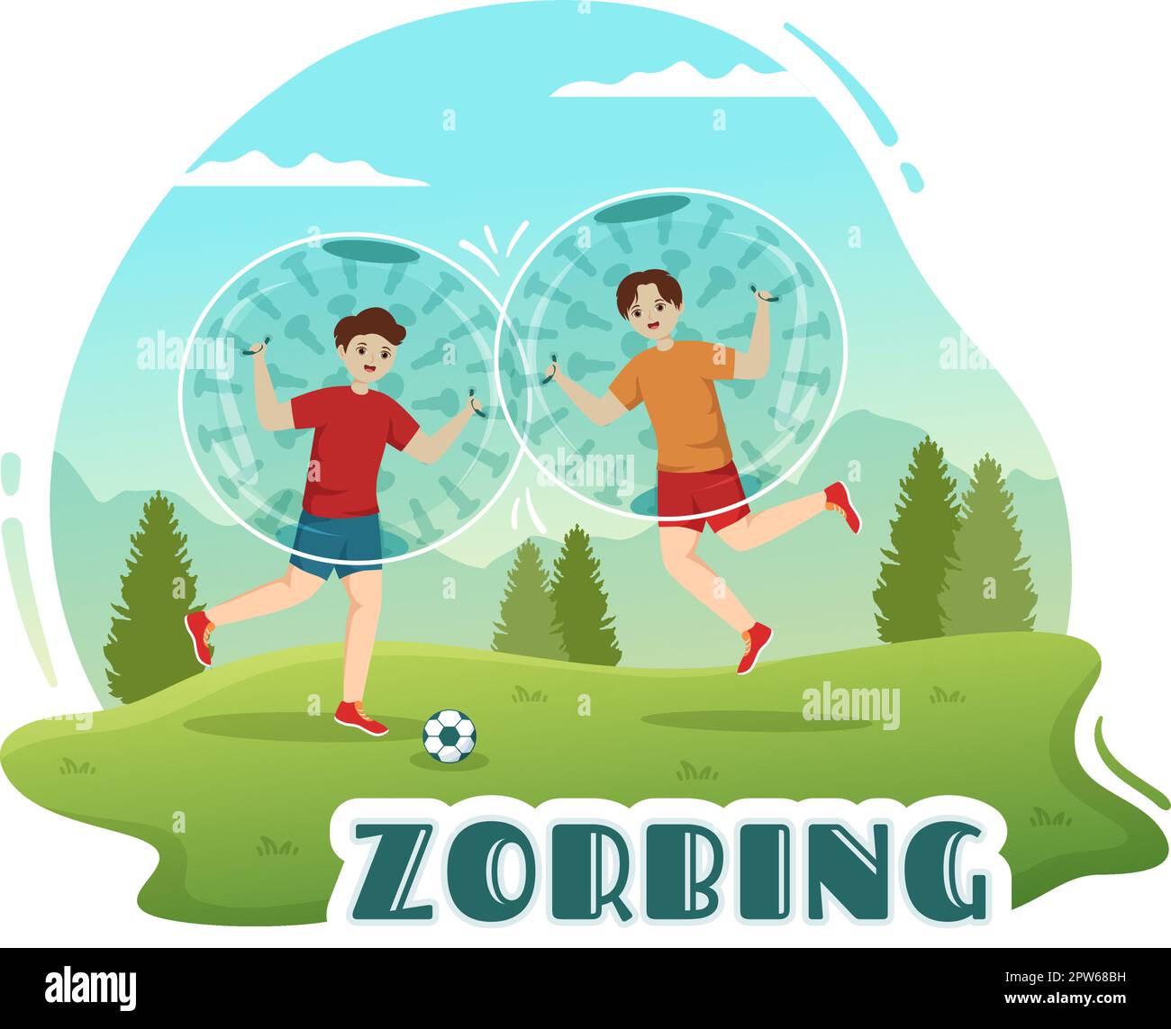 Zorbing Illustration with People Playing Bubble Bump on Green Field or Pool for Web Banner or Landing Page in Flat Cartoon Hand Drawn Templates Stock Vector