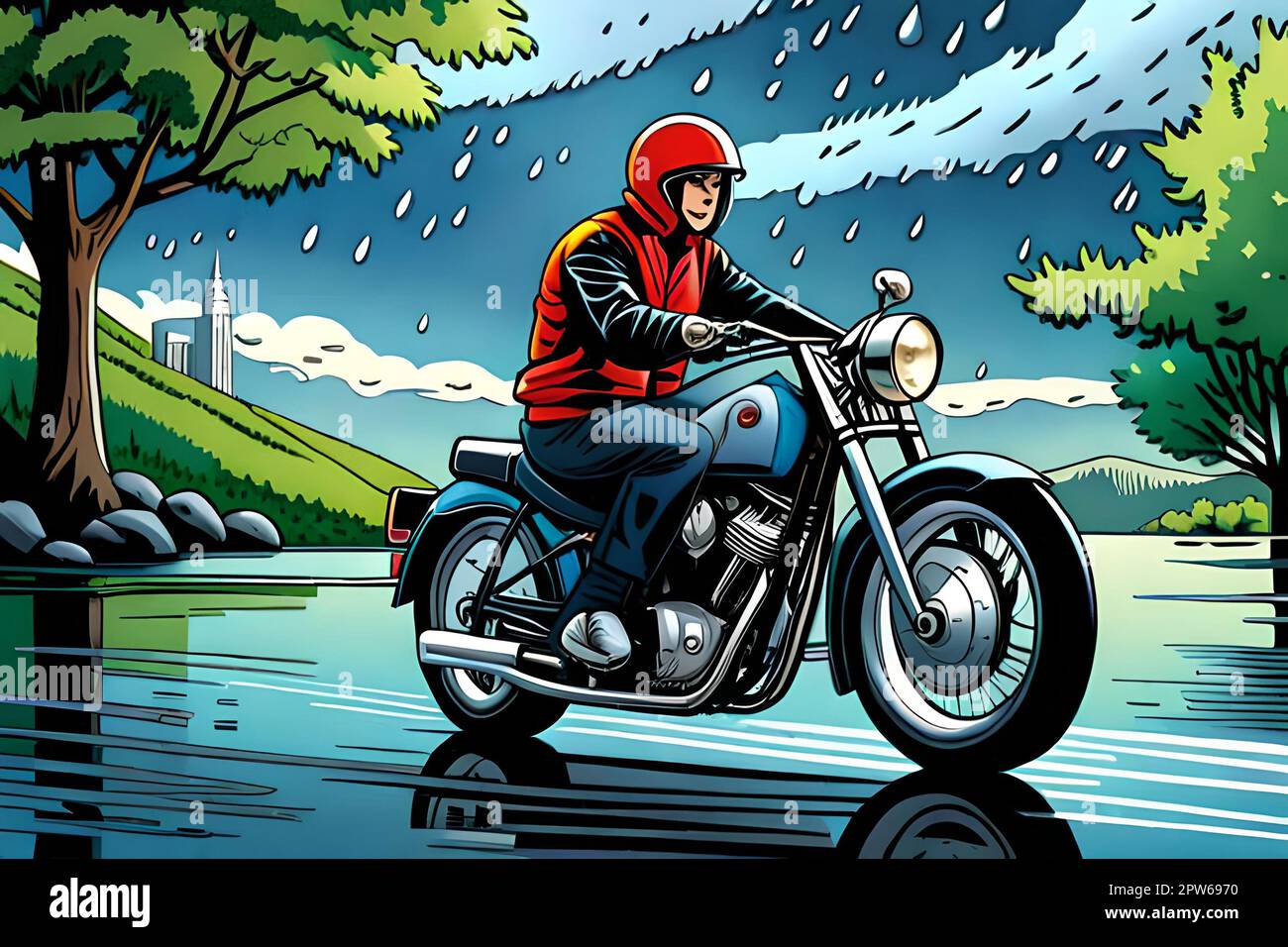 A man is riding a motorbike in the rain on the road Stock Photo Alamy