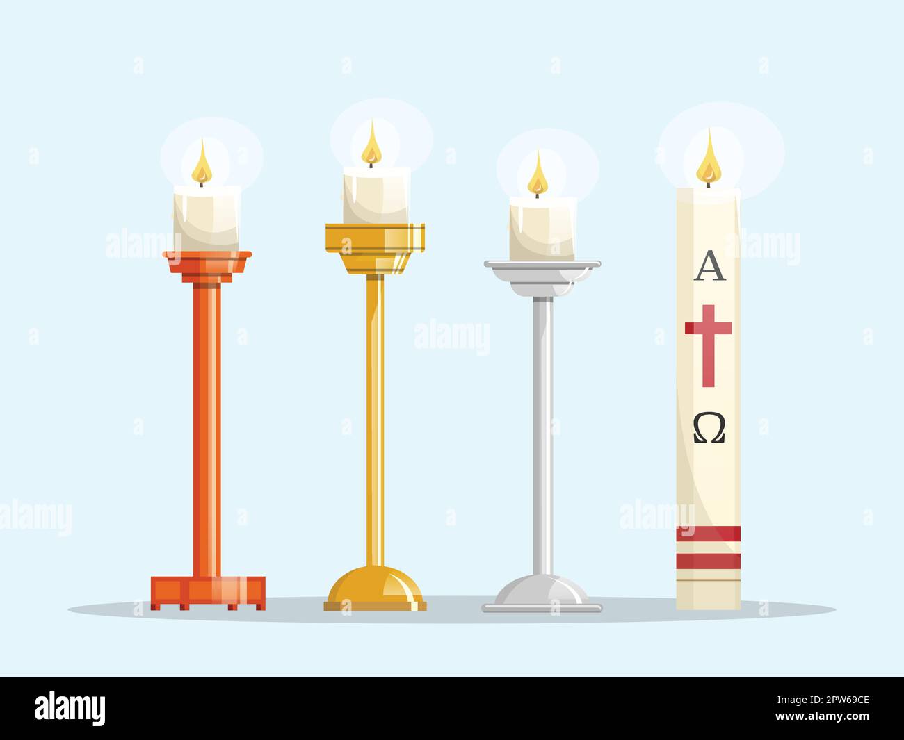 Easter candle and different candlesticks. Wood, gold and silver. Paschal season Stock Vector