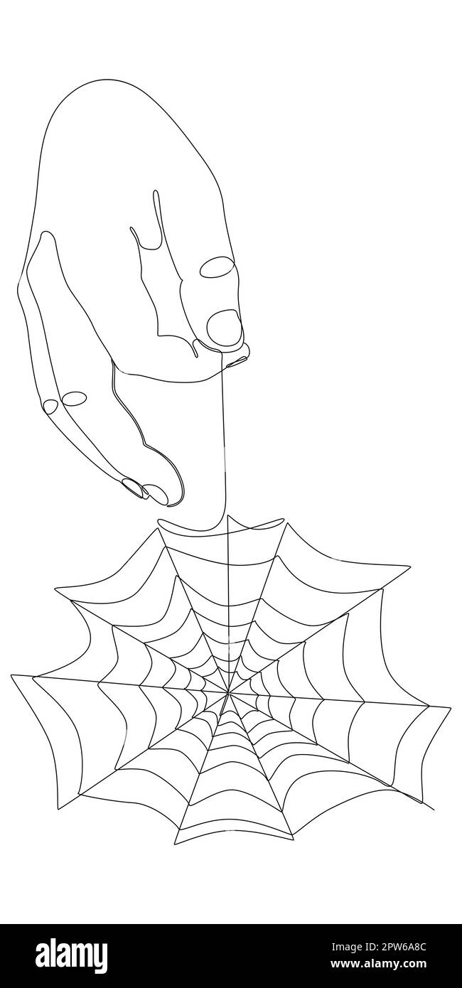 One continuous line of hand holding spider web. Stock Vector