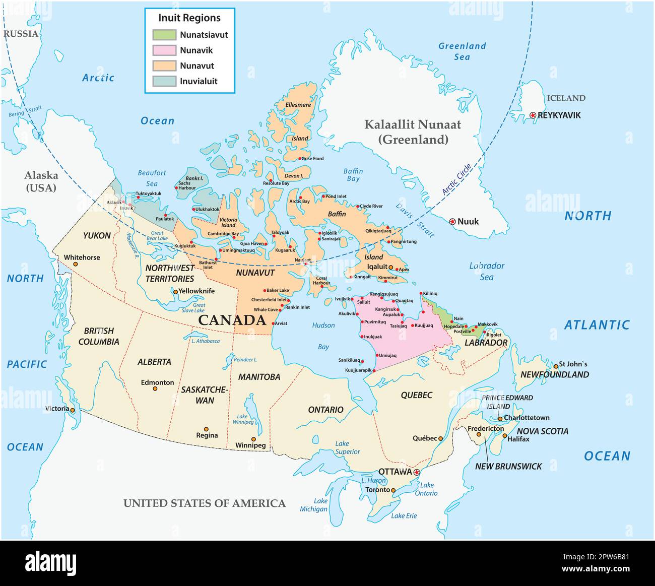 Vector map of Inuit communities in northern Canada Stock Vector