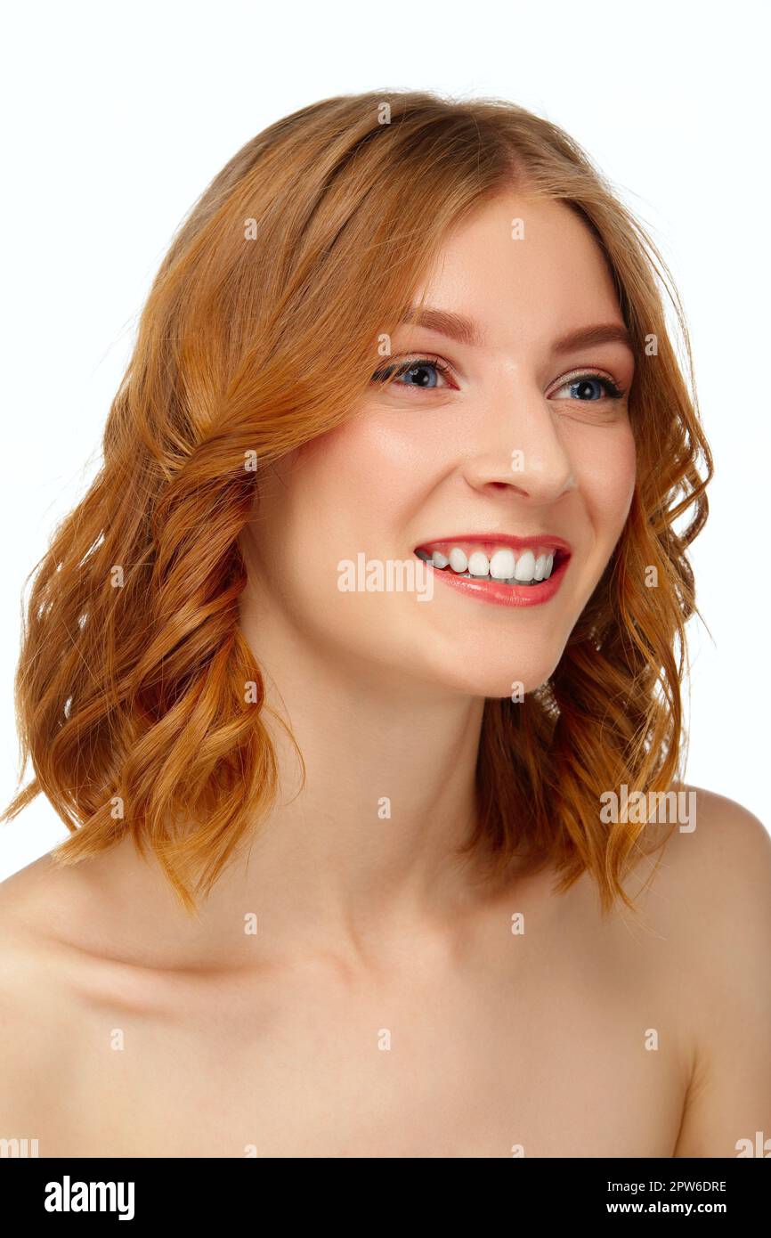 Face of beautiful young woman with blue eyes and red lips. Beauty ...