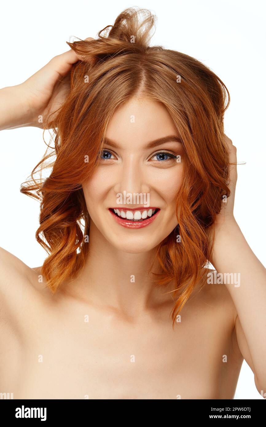 Face of beautiful young woman with blue eyes and red lips. Beauty ...