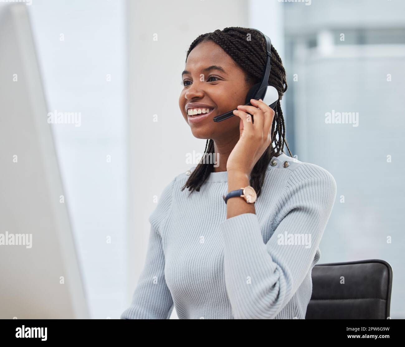 Call center, customer support and black woman talking to client in