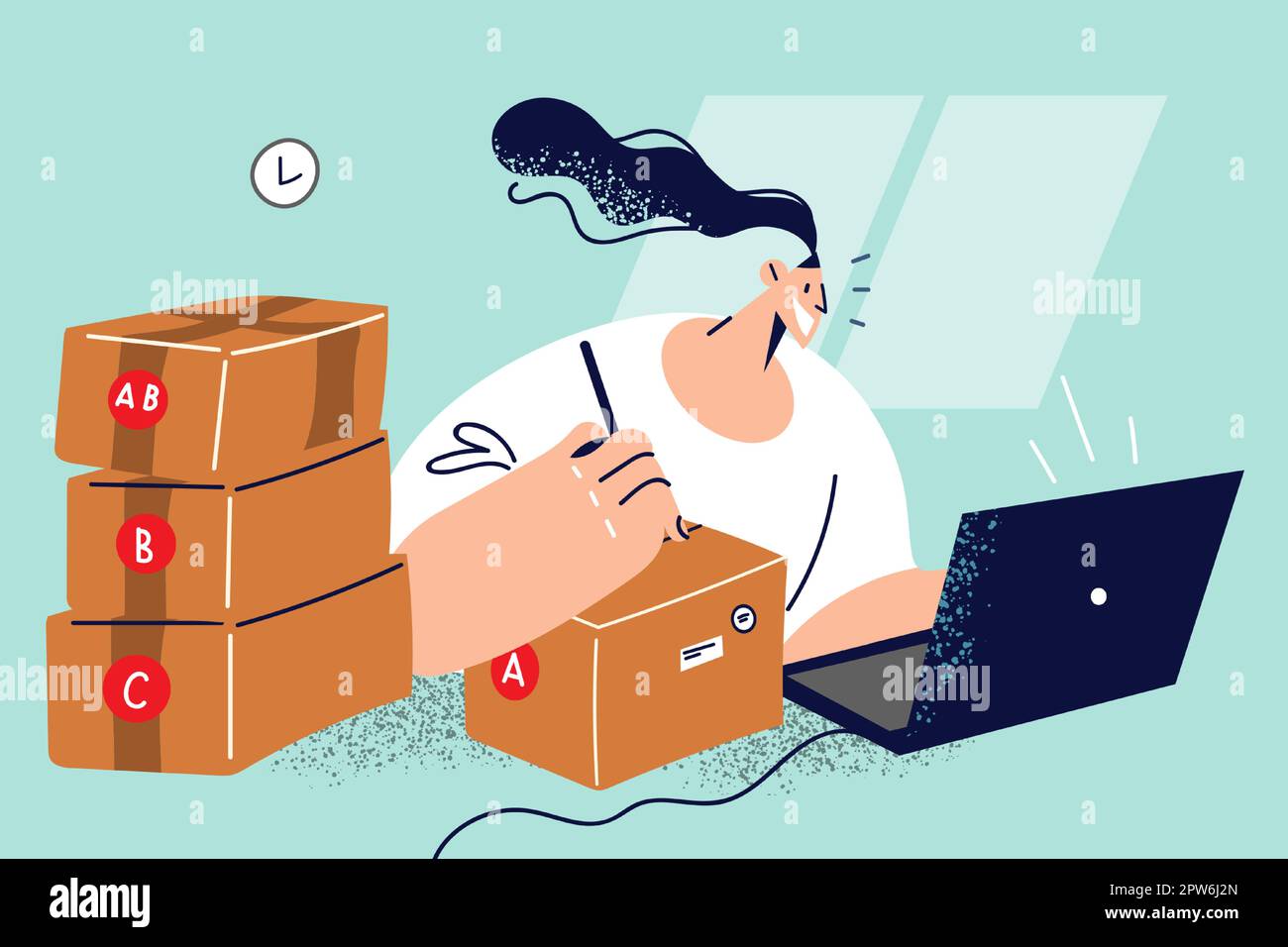 Smiling courier address packages at post office Stock Vector Image