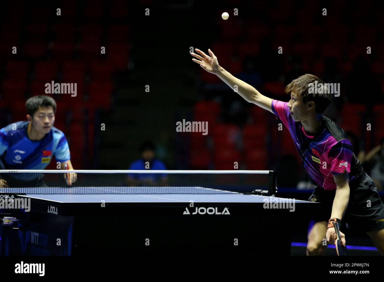 Bangkok, Thailand. 28th Apr, 2023. Lin Gaoyuan of China serves during the men's singles
