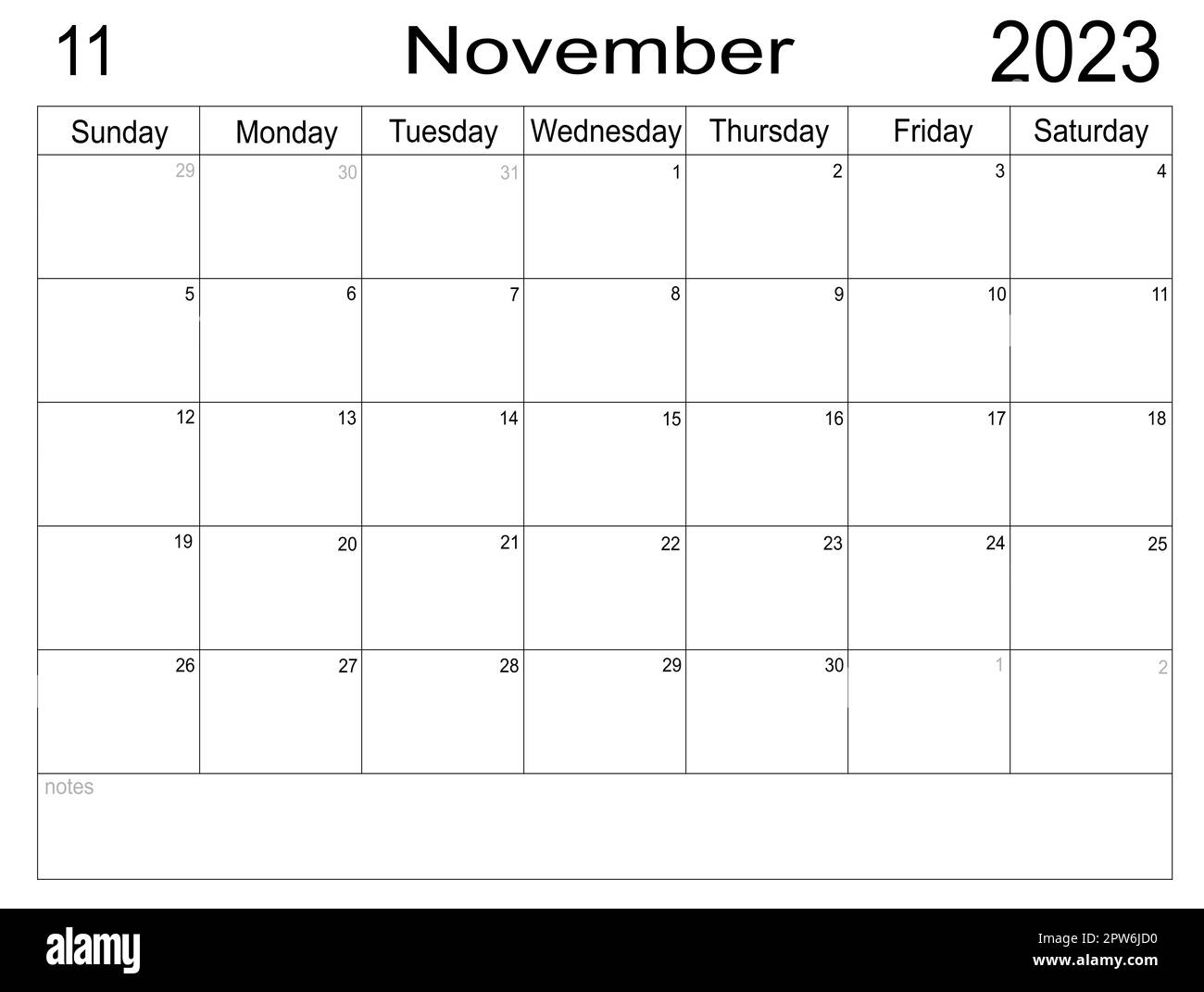 Planner for November 2023. Schedule for month. Monthly calendar. Organizer for November 2023. Business plan. Monthly organizer. Calendar 2023. Sunday Stock Photo