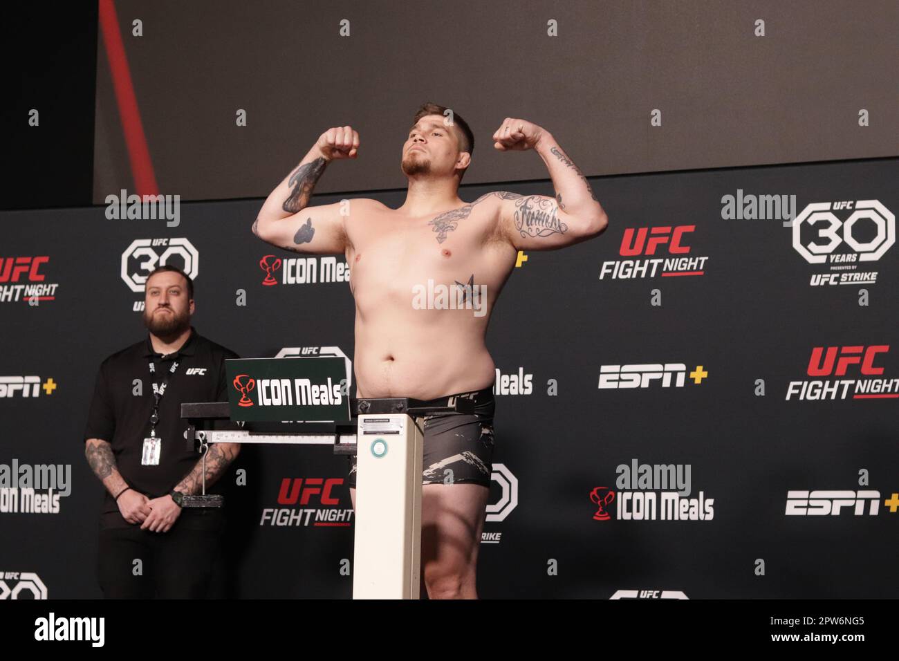 Las Vegas Nv April 28 Jake Collier Poses On The Scale During The Ufc Vegas 72 Weigh In At 