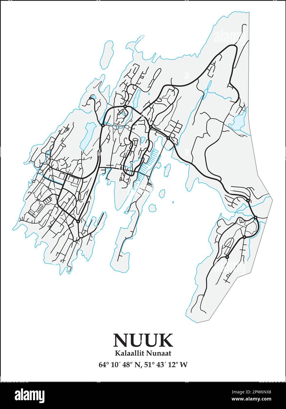 Vector street map of the capital of Greenland, Nuuk Stock Vector