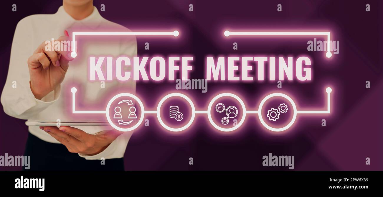 Conceptual hand writing showing Kickoff Meeting. Business photo text  Special discussion on the legalities involved in the project Young long  hair woman holding blank square announcement design. Stock Illustration by  ©artursz #277037702