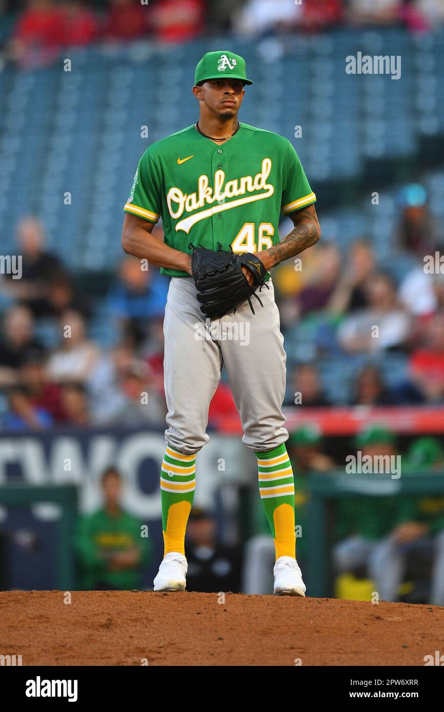 ANAHEIM, CA - APRIL 26: Oakland Athletics pitcher Luis Medina (46) throws a  pitch during the MLB game between the Oakland Athletics and the Los Angeles  Angels of Anaheim on April 26,, image size:866x1390