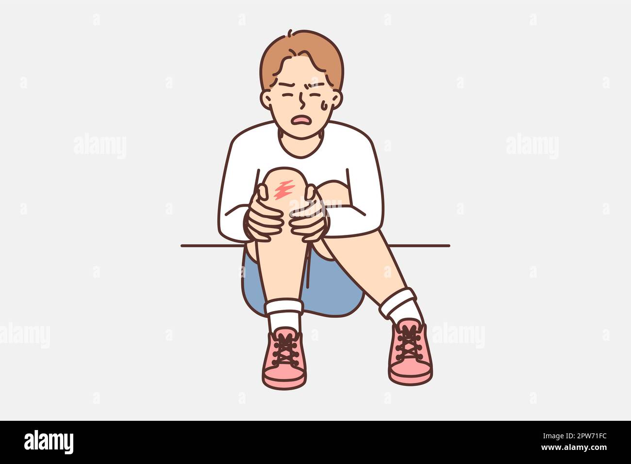 Crying boy sits on ground and holds on to injury on knee after fall during walk Stock Vector