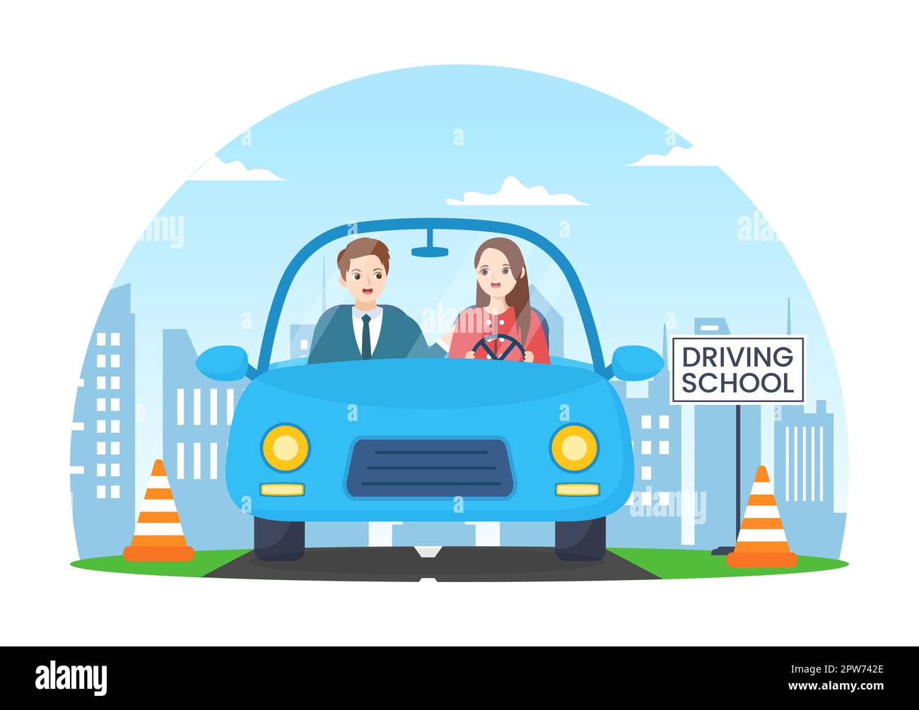 Driving school with education process of car training and learning to
