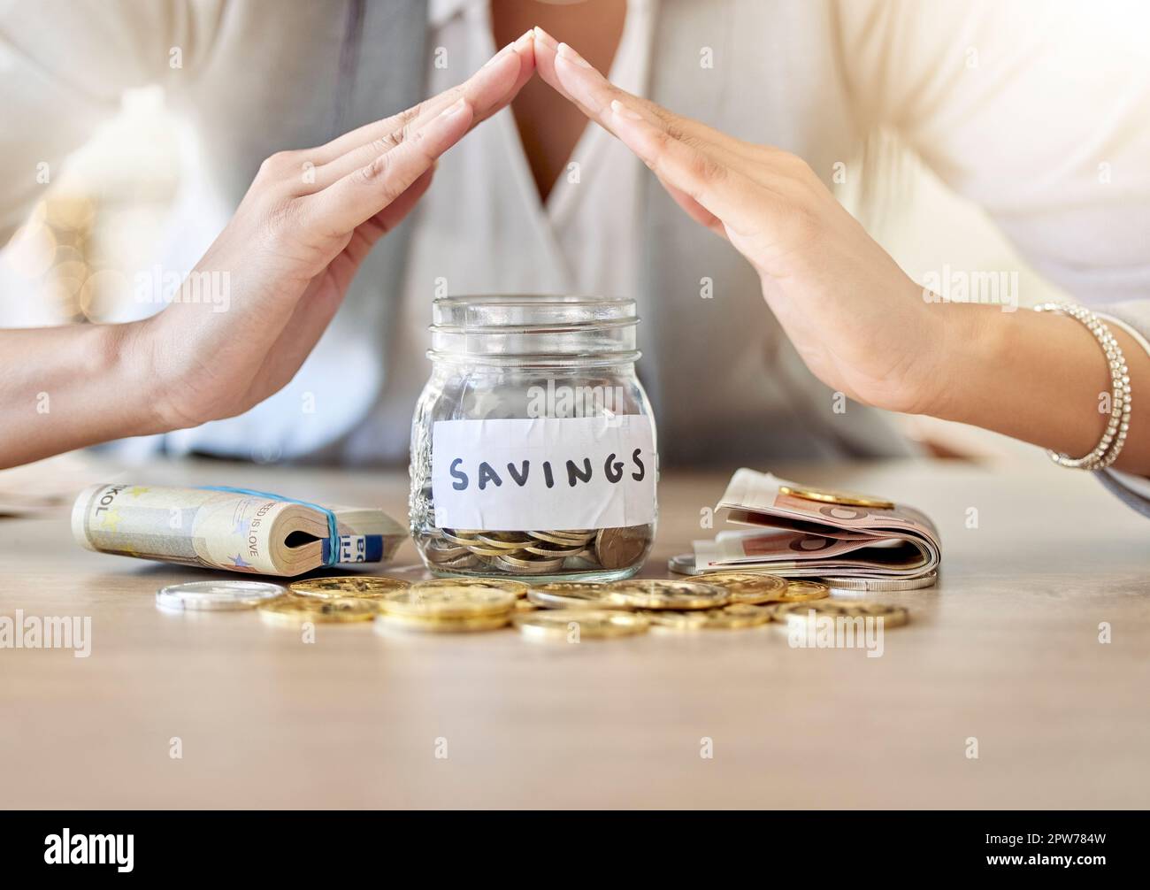 Savings Investment And Insurance Cover Business Woman With Coins Money And Cash In A Jar For Future Plan Or Personal Growth Development Or Housing 2PWW