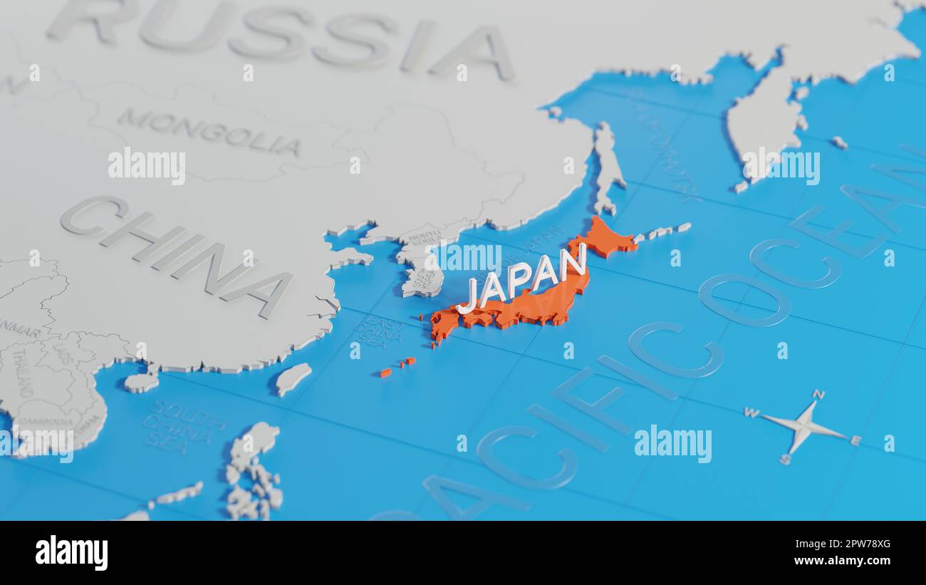 Japan highlighted on a white simplified 3D world map. Digital 3D render