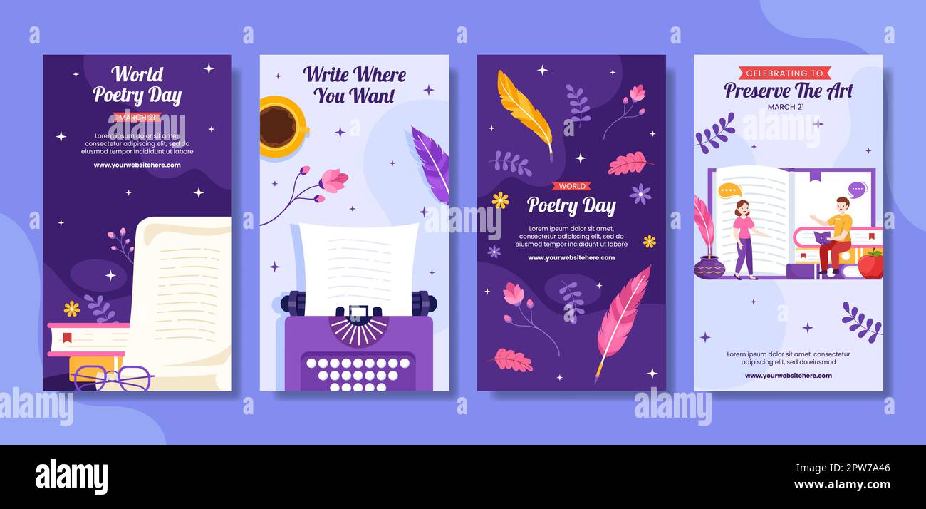World Poetry Day Social Media Stories with Paper and Quill Flat Cartoon Hand Drawn Templates Illustration Stock Vector