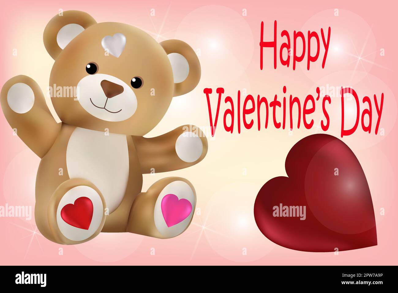 Teddy bear and a big heart on a pink background with the inscription Happy Valentine's Day. Vector image Stock Vector