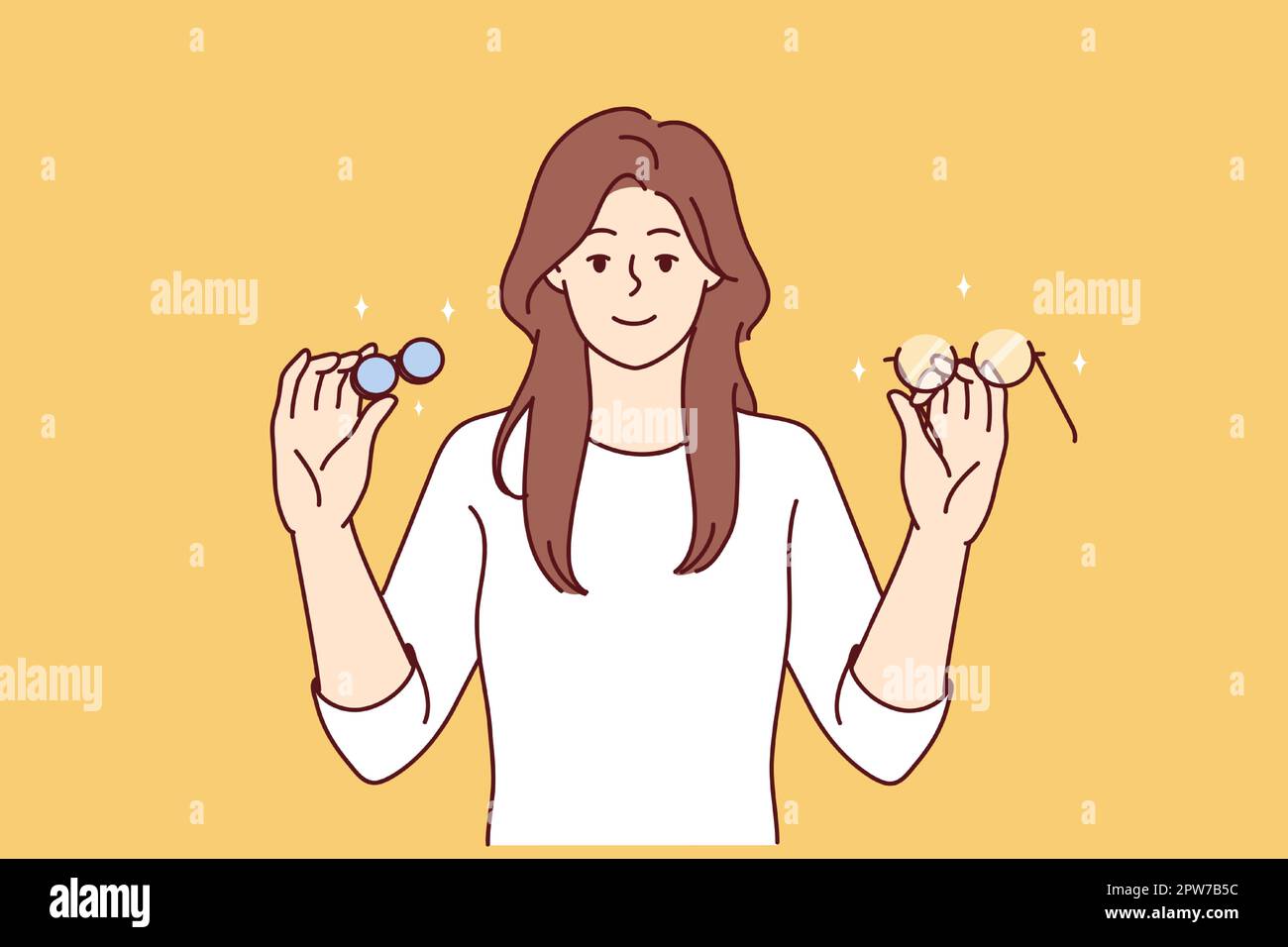 Woman holds glasses and lenses in hands choosing product for eye and vision care. Vector image Stock Vector