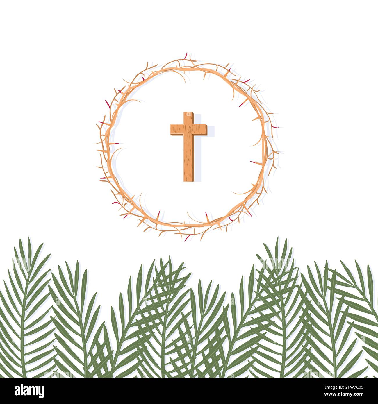 Palm Sunday concept. Palm branches, Cross and the Crown of Thorns Stock