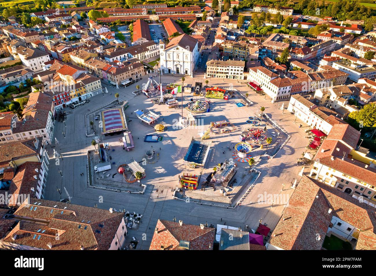 Town of Palmanova central hexagonal square and fun park aerial view, Friuli-Venezia Giulia region of Italy Stock Photo