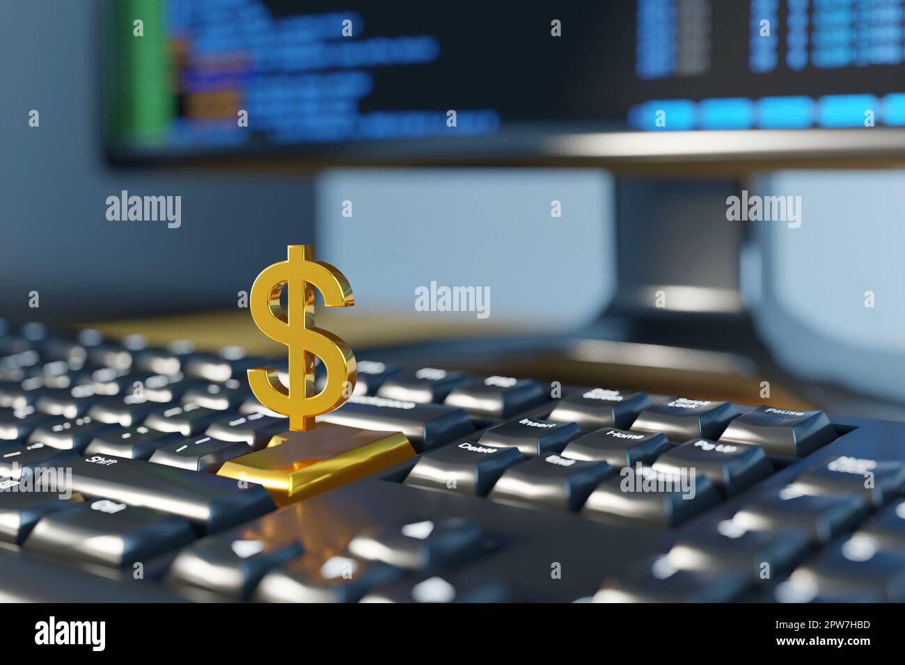 Making money online from home. Golden dollar sign floating over ...