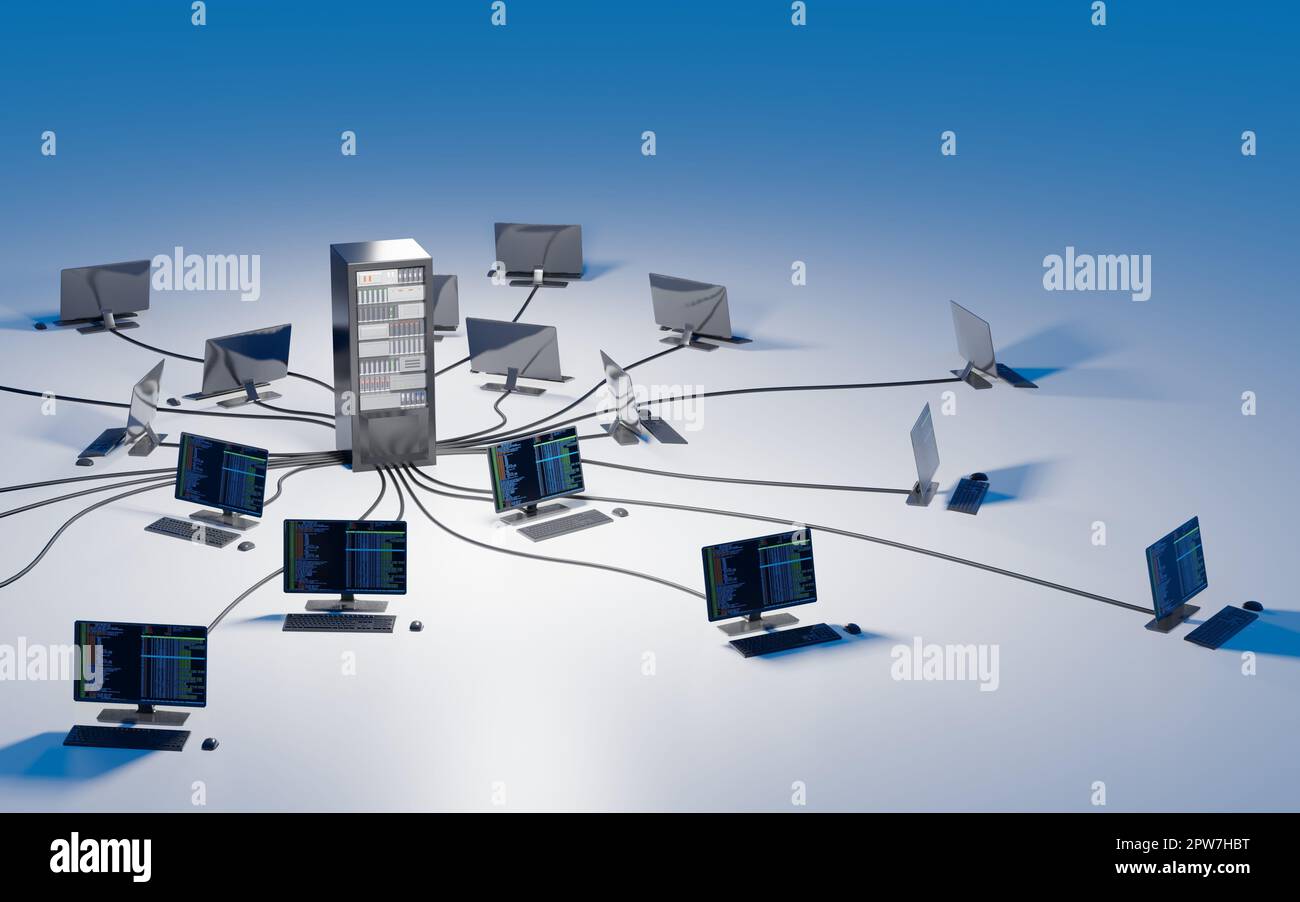 Cloud computing, network infrastructure. Computer workstations ...