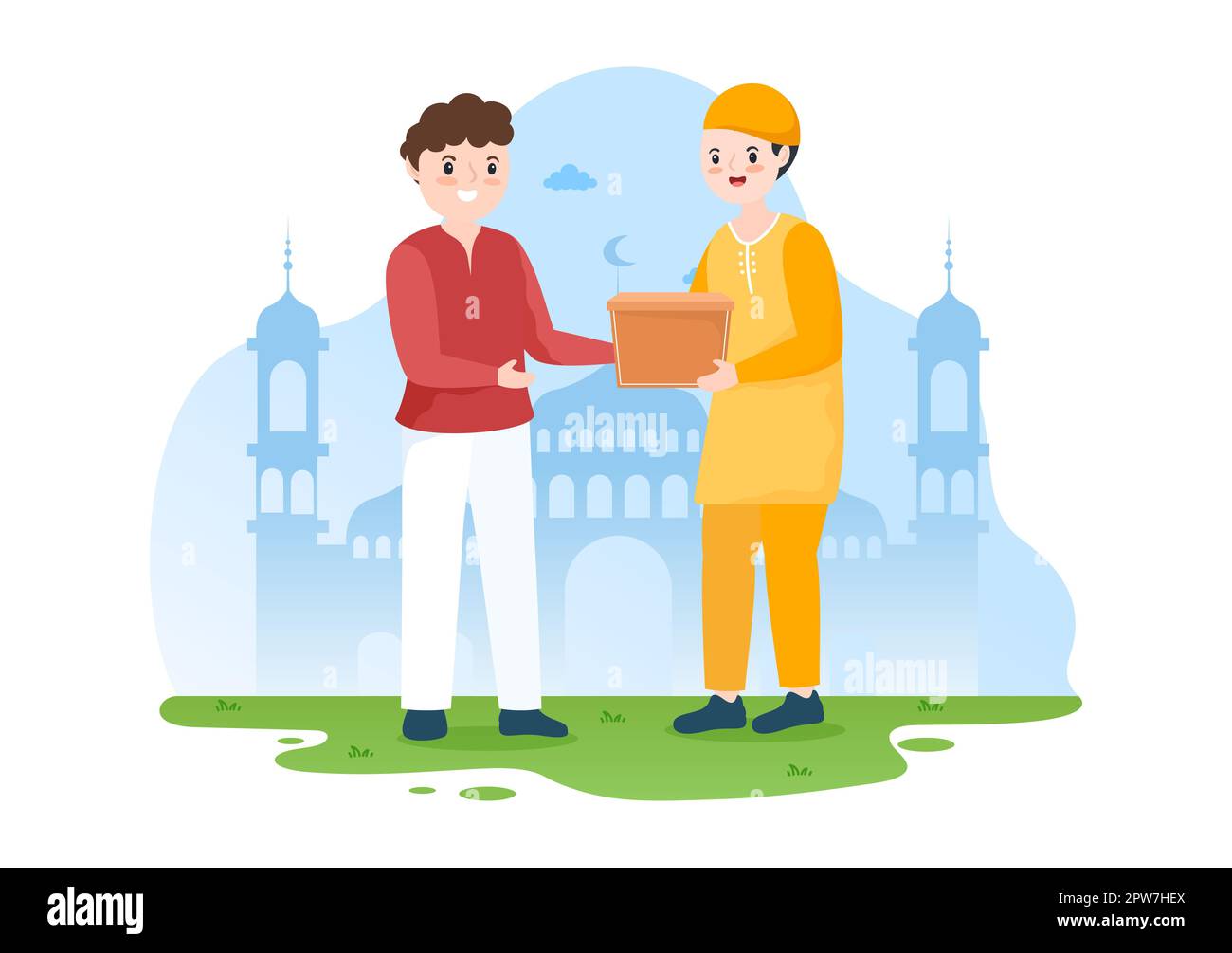 Muslim People Giving Alms, Zakat or Infaq Donation to a Person Who Need it in Flat Cartoon Poster Hand Drawn Templates Illustration Stock Photo