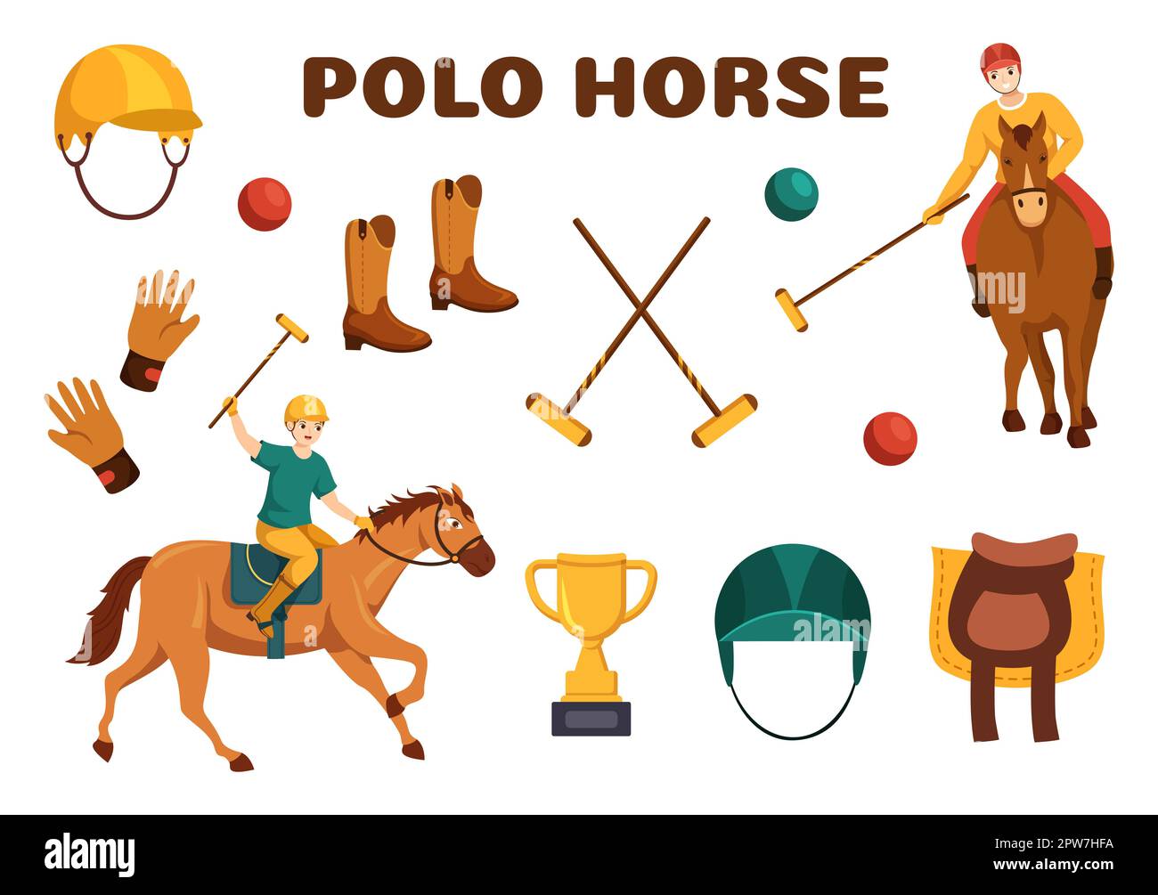 Polo Horse Sports with Player Riding Horse and Holding Stick use Equipment Set in Flat Cartoon