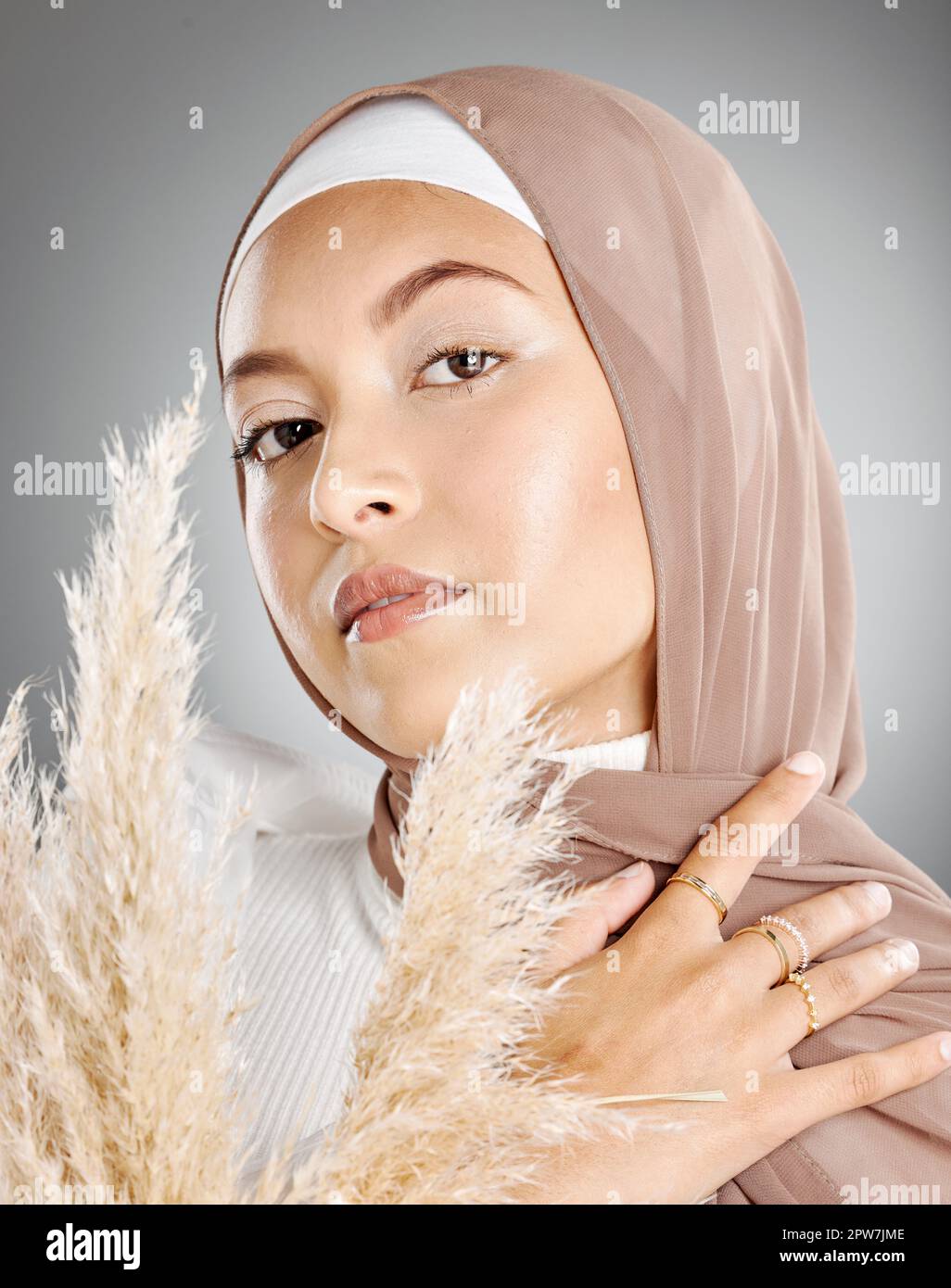 Studio portrait of one beautiful young muslim woman wearing brown ...