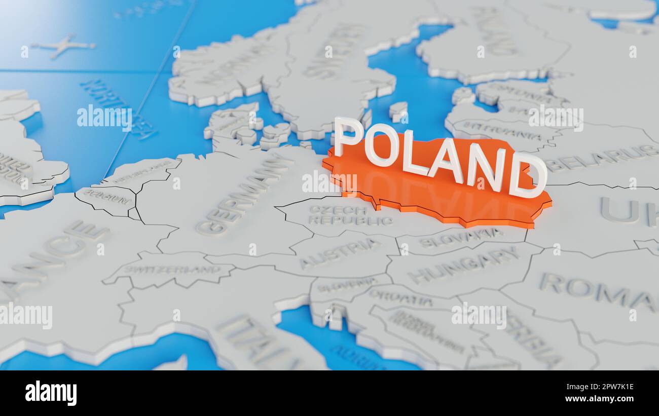 Poland Highlighted On A White Simplified 3D World Map Digital 3D Poland Highlighted On A White Simplified 3d World Map Digital 3d Render 2PW7K1E