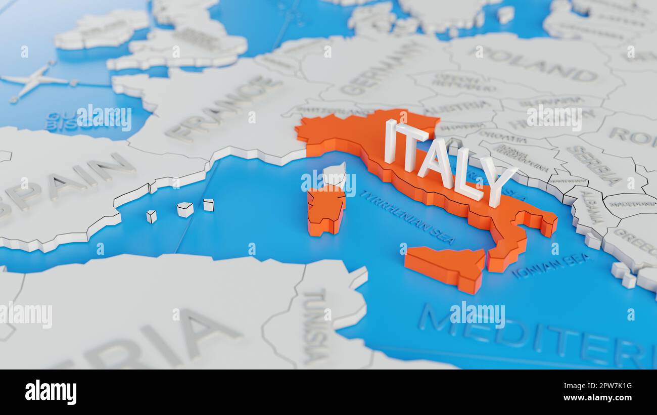 Italy Highlighted On A White Simplified 3D World Map Digital 3D Render Italy Highlighted On A White Simplified 3d World Map Digital 3d Render 2PW7K1G 
