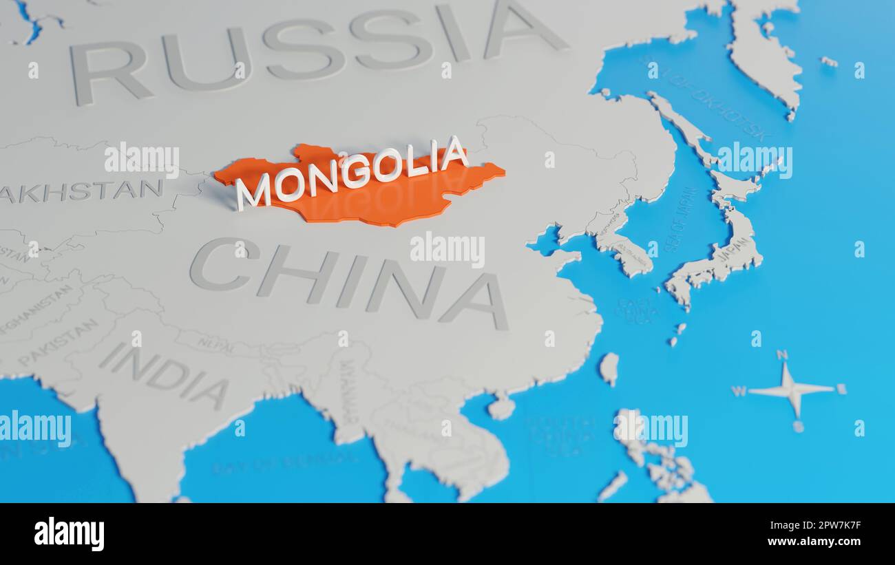 Mongolia Highlighted On A White Simplified 3D World Map Digital 3D Mongolia Highlighted On A White Simplified 3d World Map Digital 3d Render 2PW7K7F 